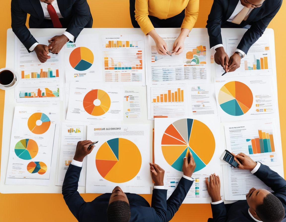 An infographic-style image illustrating the concepts of premiums and claims, featuring diverse individuals discussing their insurance policies over a table filled with financial documents. Include visual elements like pie charts, calculators, and graphs showing growth. Use warm colors to convey trust and security. Balancing modern finance with traditional values. vector art. vibrant colors.