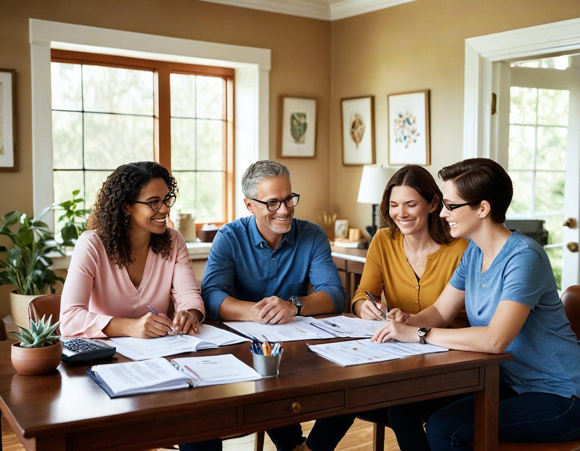 A serene scene depicting a family happily discussing their financial future in a cozy home office, surrounded by symbols of insurance such as a shield, a key, and a house. Include visual elements such as calculators, documents, and charts, representing security and planning. The mood should be warm and inviting, signifying comfort and trust. vibrant colors. cozy atmosphere. digital illustration.