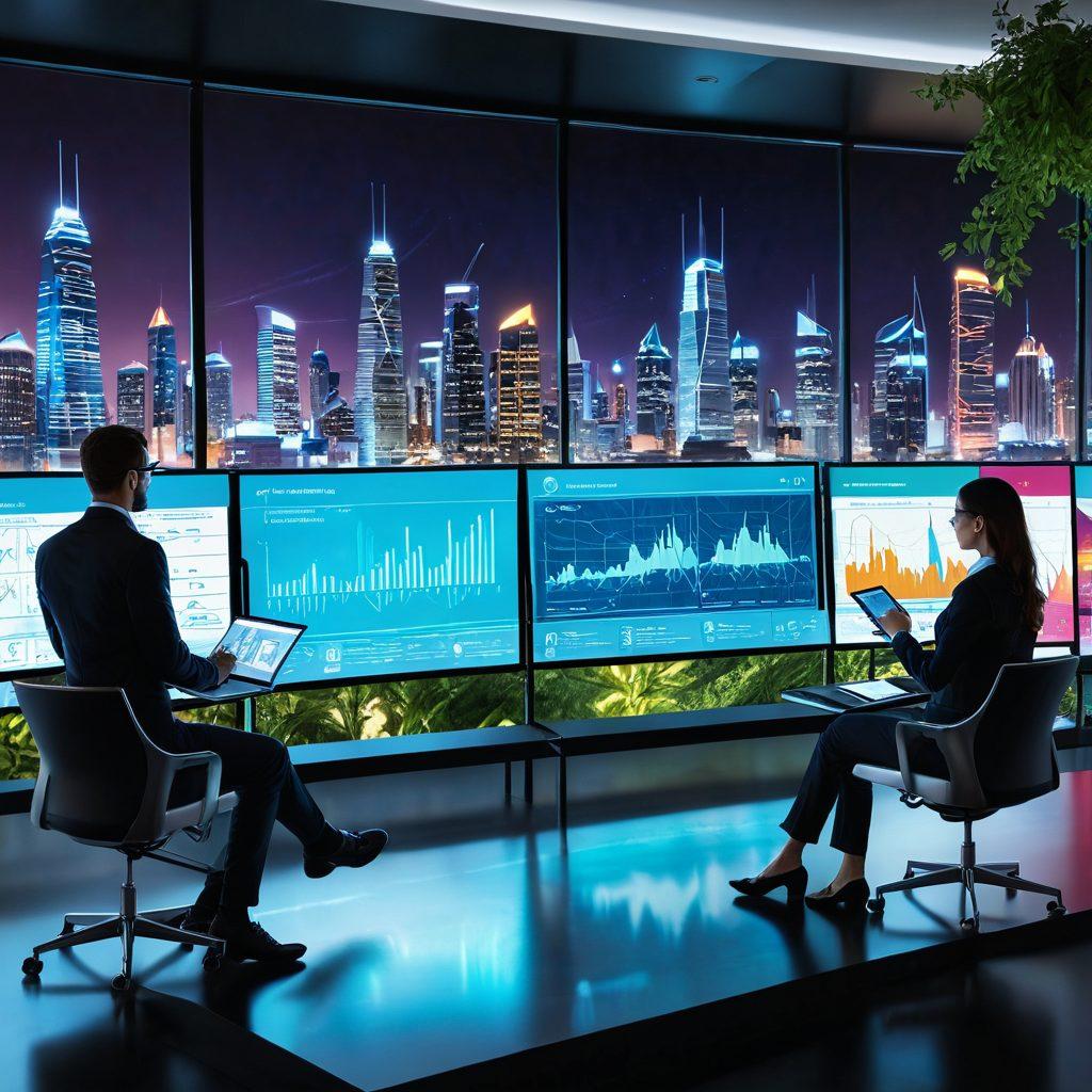A digital landscape showcasing futuristic insurance tools like a user-friendly app interface, data analytics graphs, and virtual reality simulations. Incorporate a diverse group of professionals in smart attire engaged in discussions while interacting with holographic screens. The background features cityscapes blending technology and nature to depict efficiency in risk management. vibrant colors. 3D. futuristic.